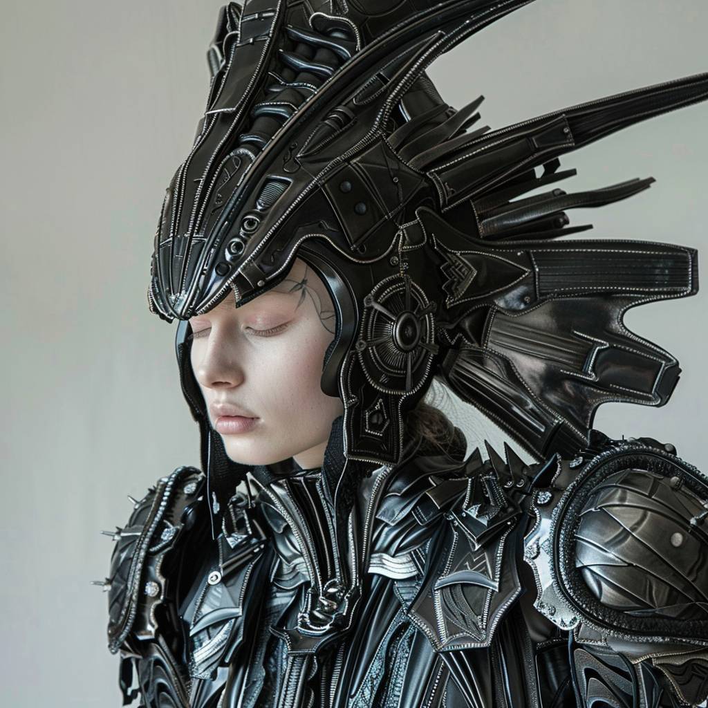 Roman-inspired armor and headpieces reimagined with futuristic materials like high-gloss latex and metallic elements. The outfits are bold and structured with intricate details.