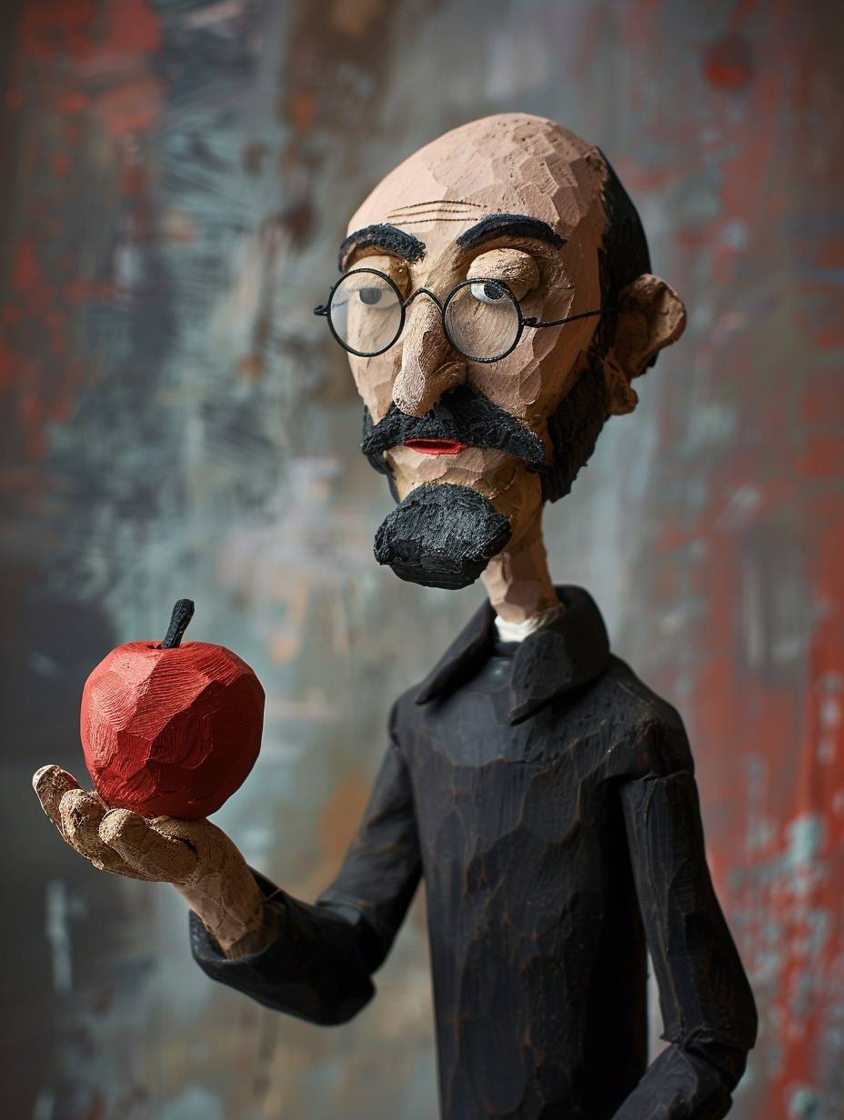 Claymation portrait of Steve Jobs, holding an apple, abstract claymation, Shaun the Sheep style, Malika Favre style