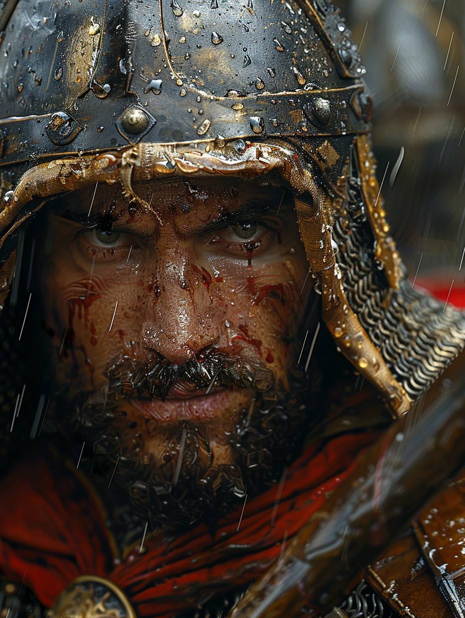 Wild group of attacking soldiers in the rain, close-up on their faces, wearing highly detailed Tang Dynasty style armor, dramatic lighting in the style of Albrecht Durer and Gustave Dore, influenced by William Blake