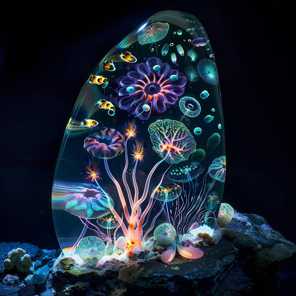 An underwater sea glass submarine, vivid and vibrant, bioluminescently exploring the underwater world