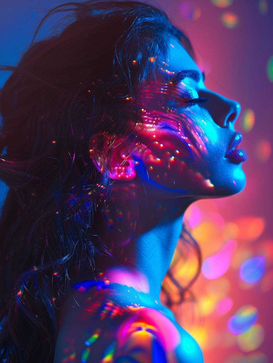 A portrait of an attractive woman, side profile, holographic colors, colorful lights