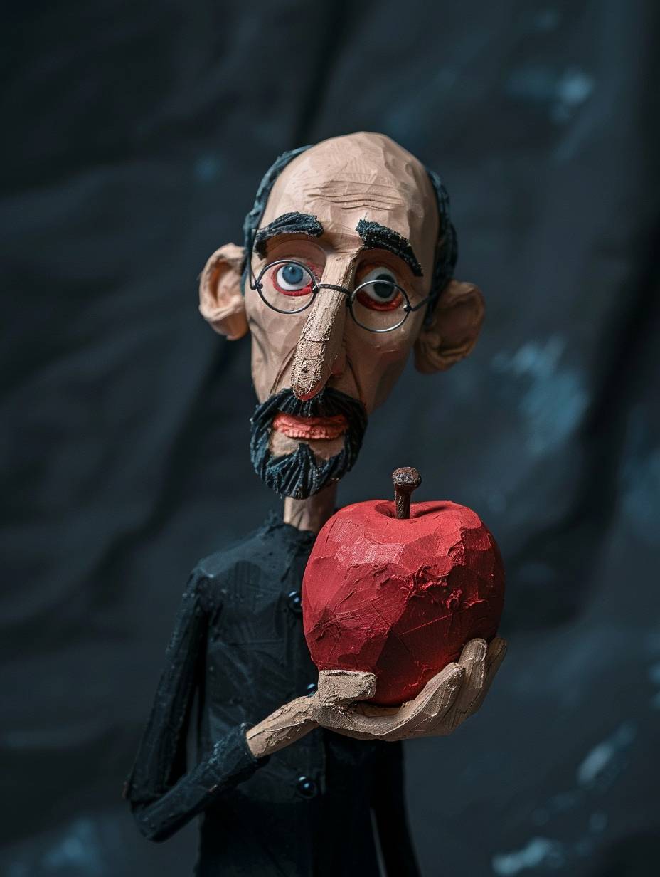 Claymation portrait of Steve Jobs, holding an apple, abstract claymation, Shaun the Sheep style, Malika Favre style