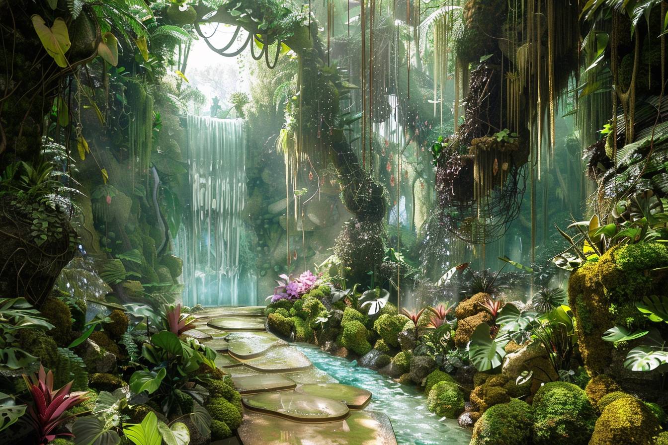 Explore the 'Enchanted Enclave' with Waterfall, a hidden sanctuary where Moss flora and Crystal fauna coexist in perfect harmony, creating a magical realm untouched by time.