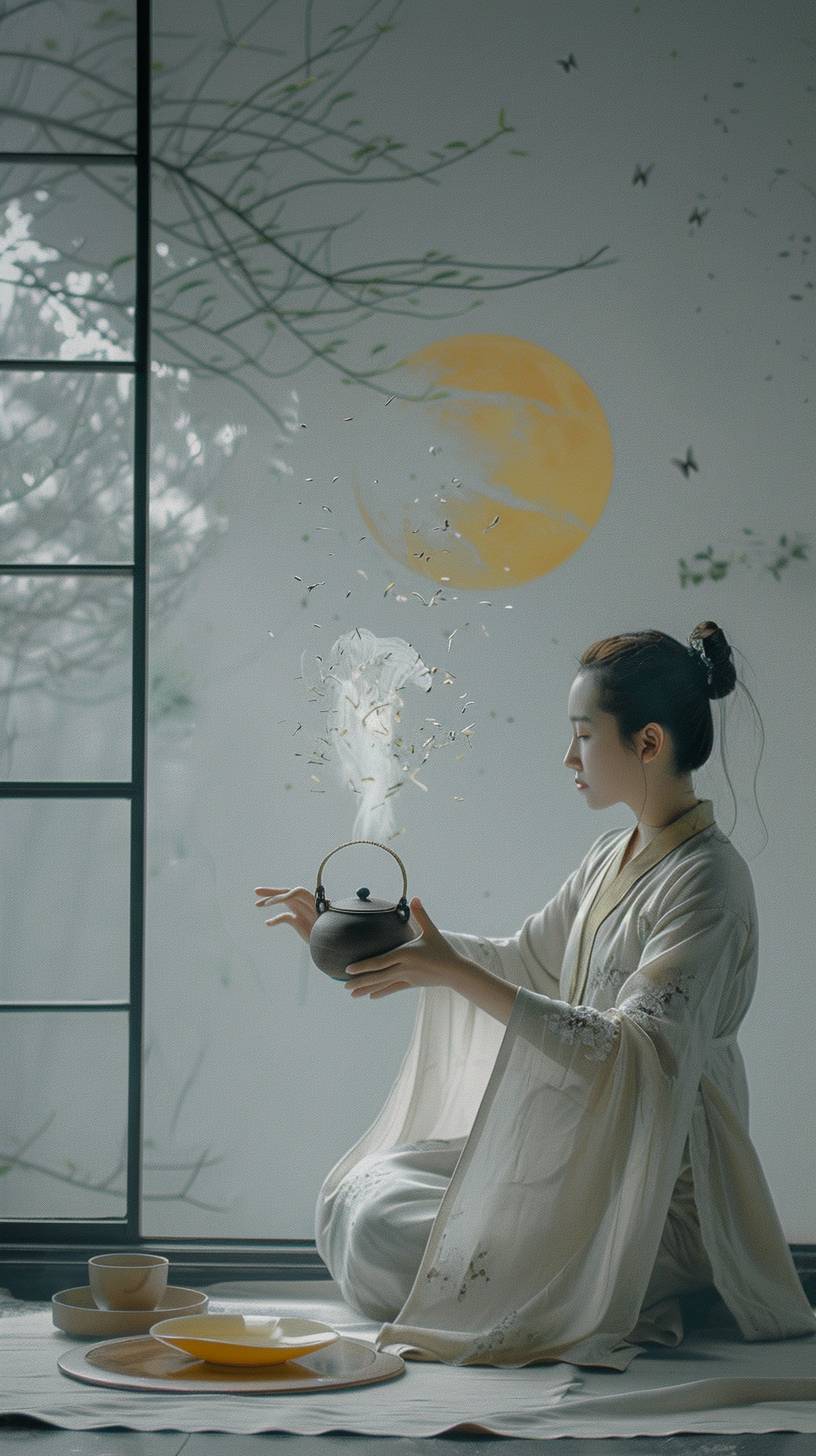A beautiful Chinese tea ceremony master demonstrates the art of brewing tea with telekinetic abilities in slow motion, controlling the flow of tea water and the flying of tea leaves. Featuring a moonrise, Zen minimalism, realistic lighting, minimalist tones, post-minimalist composition, a distant view, wide perspective, symmetrical composition, a wide angle, composite wave, ultra-high detail, high quality.