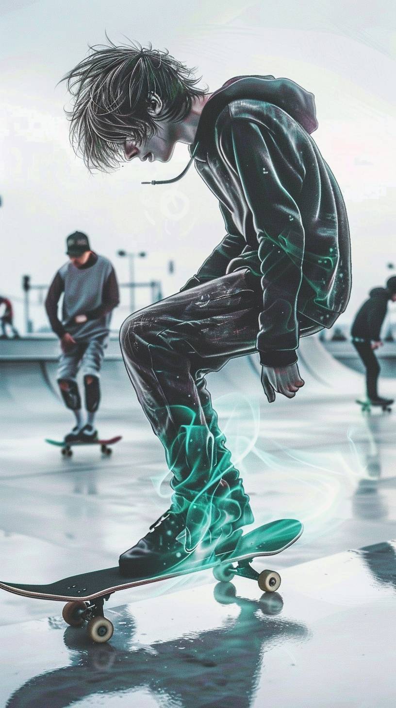 A group of young people skateboarding in a concrete skate park. They perform tricks and exhibit their skills. In the style of a high-energy action shot.