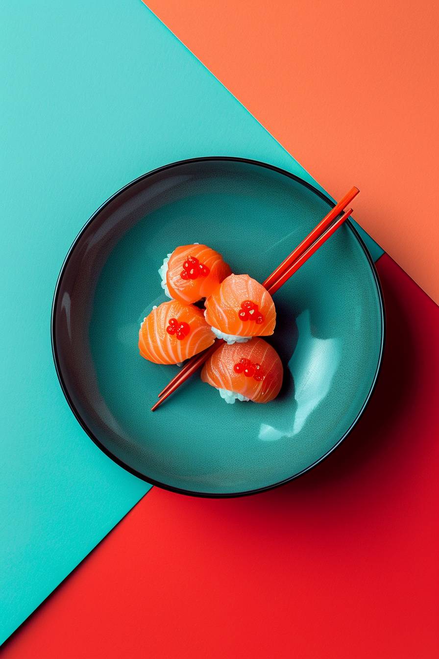 Top view haute-couture advertising food photograph for Japanese restaurant with molecular cuisine. Minimal composition, cyan and red hues.