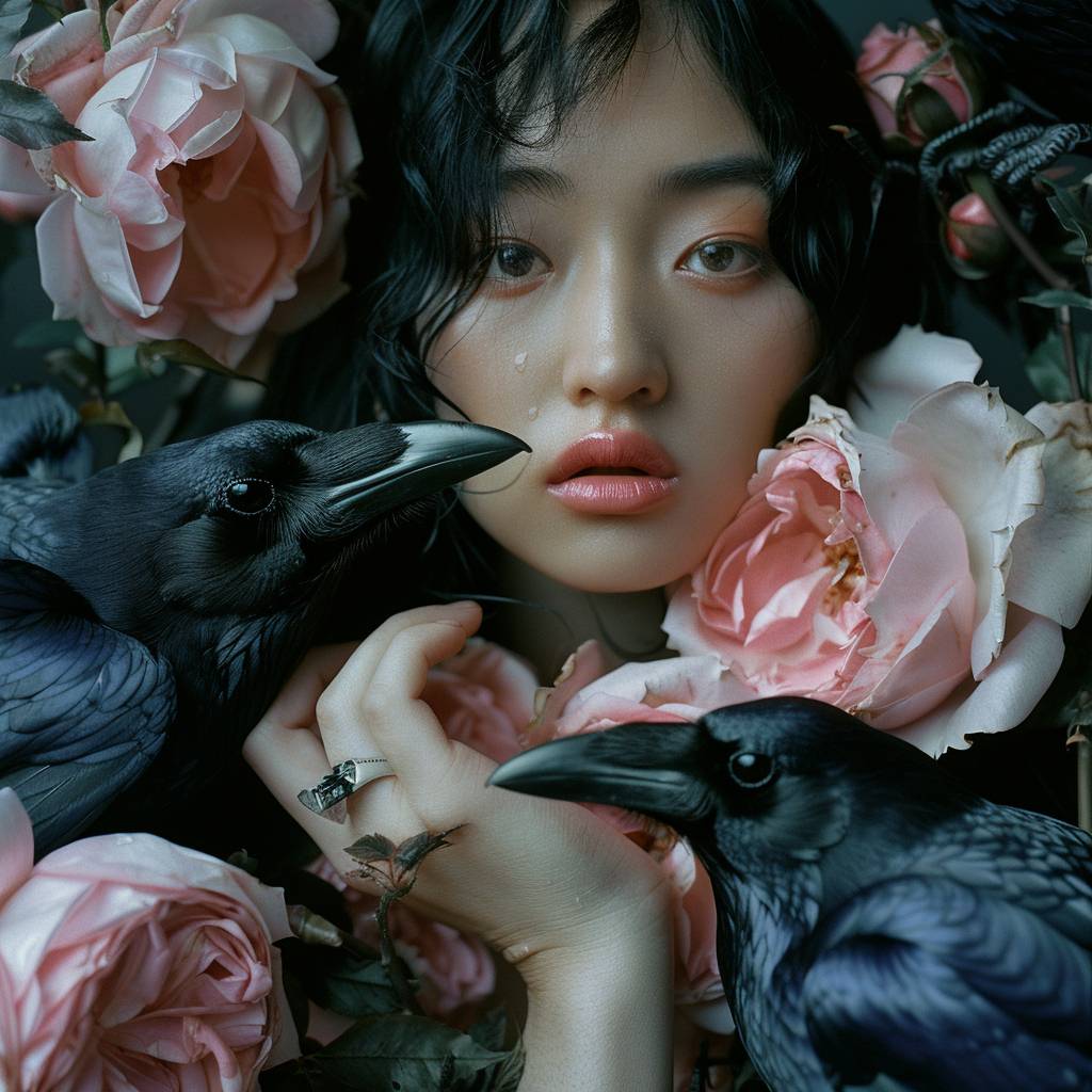 An incredibly detailed close up macro beauty photo of an Asian model, hands holding a bouquet of pink roses, surrounded by scary crows from hell. Shot on a Hasselblad medium format camera with a 100mm lens. Unmistakable to a photograph. Cinematic lighting. Photographed by Tim Walker, trending on 500px -ar 4:5 –s 750 –niji 6 --v 6.0