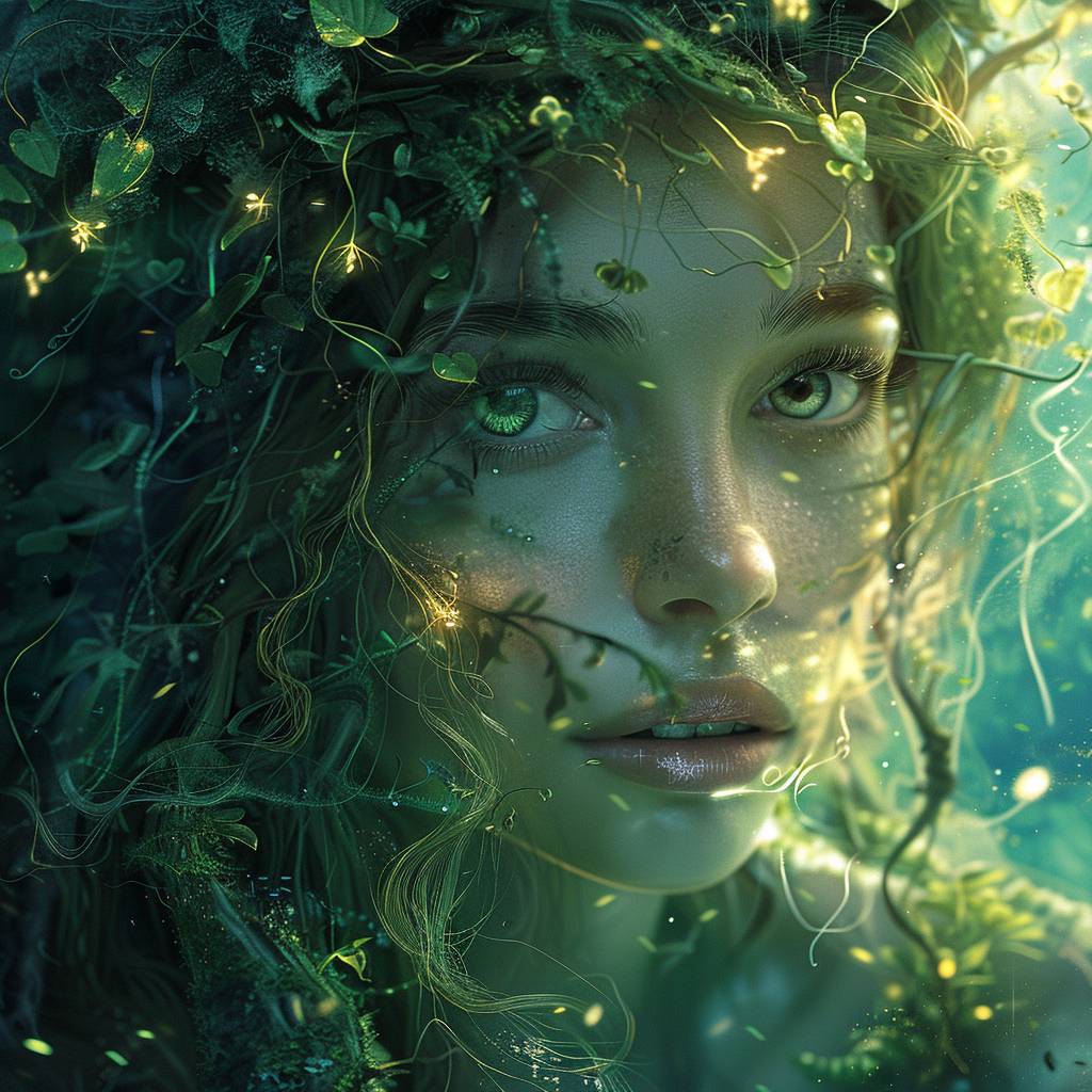 エーテリアル・フォレスト・ニンフ：森の本質を具現化した女性の静謐で神秘的な肖像を描いてください。彼女の肌には微妙な緑色の色合いがあり、髪には葉、花、葡萄が絡まっています。彼女の目は柔らかく輝き、月の光を反射しています。背景には古代の木々、輝くキノコ、ホタルがある神秘的な森が描かれています。スタイル＝エーテリアル、マジカル