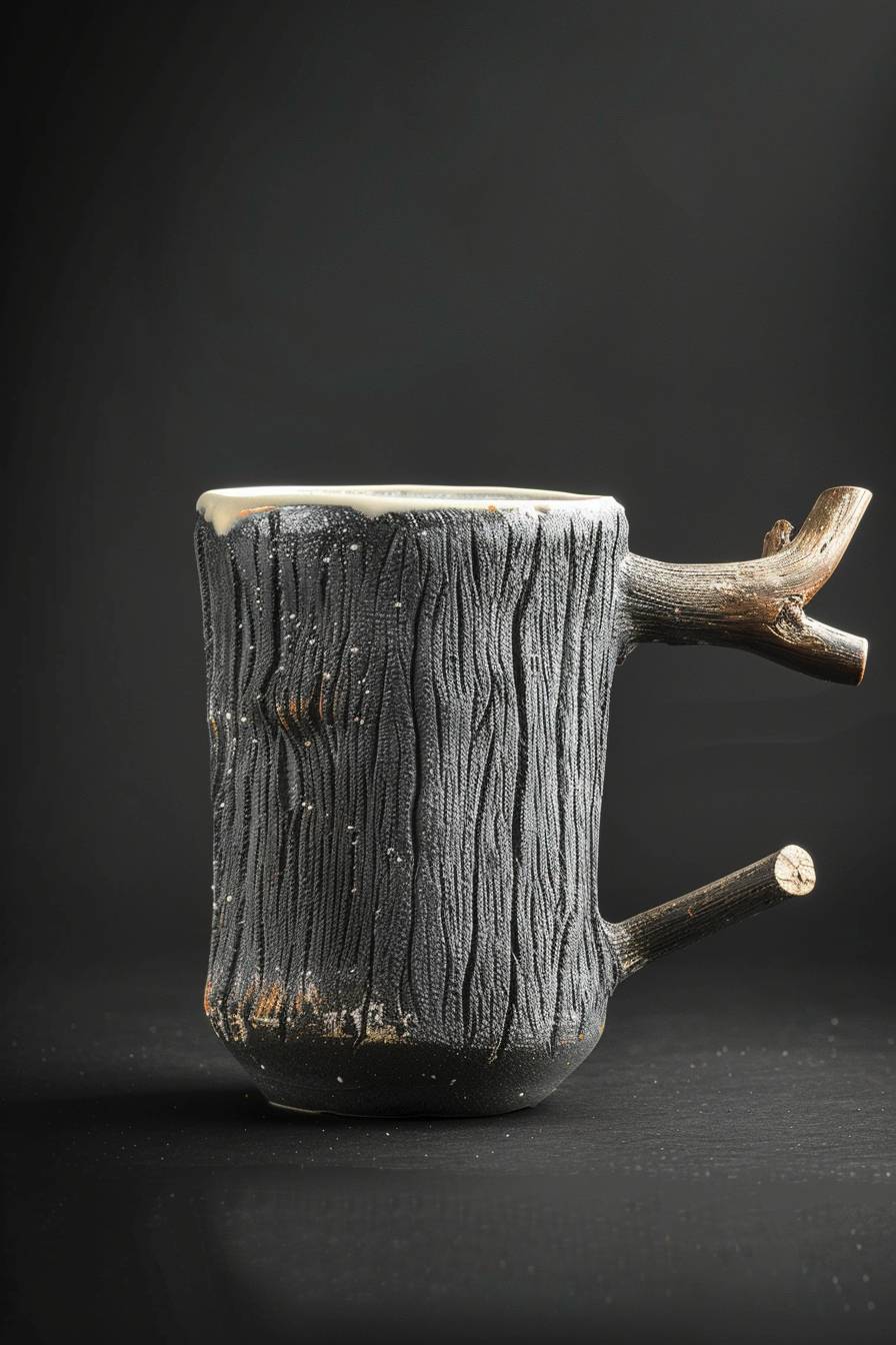 White cup, ceramic mug with handle shaped like tree trunk, dark grey color, product photography, studio lighting, black background, front view