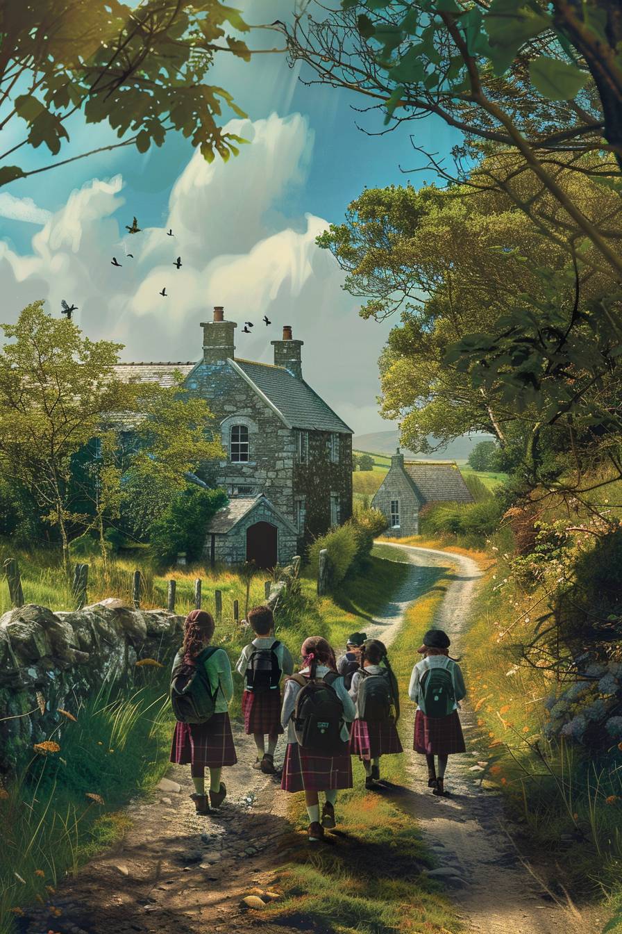 Rural irish school in the west of Ireland with a small gender diverse class discussing Electric Vehicles and the sustainability of them. Make this image generated applicable for a book cover.