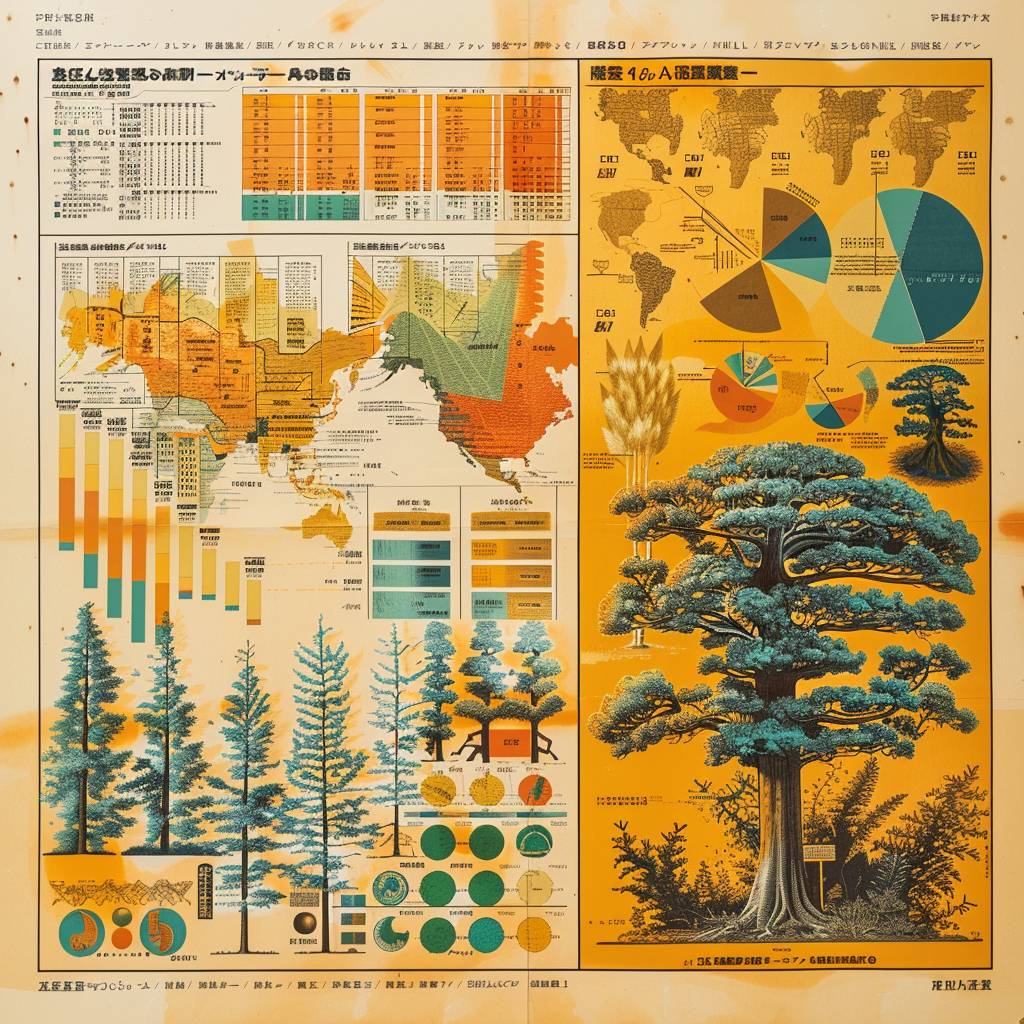 Infographic poster design depicting complex reforestation data in 1970s Japan