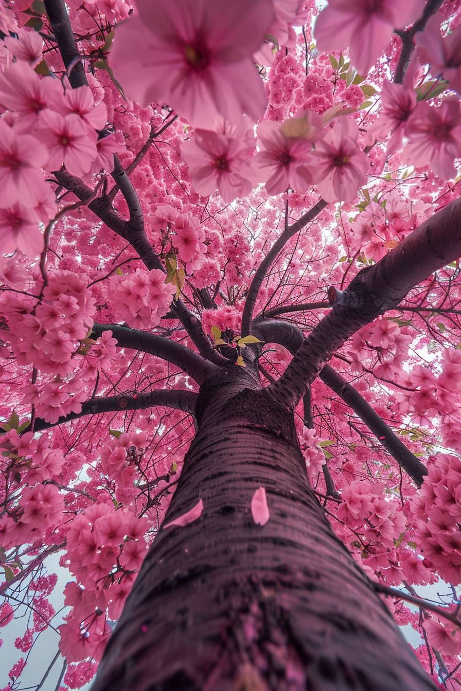 桜の木の下から見た景色、ゆっくりと花が散る様子、鮮やかな色彩、ピンク色パレット