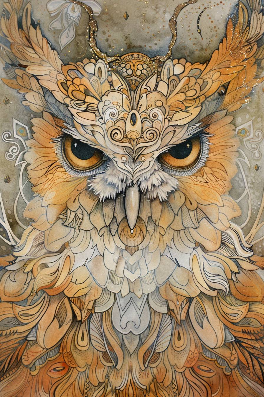 As Johanna Basford's illustration. Portrait of old wise owl --stylize 75 --aspect ratio 2:3 --version 6.0