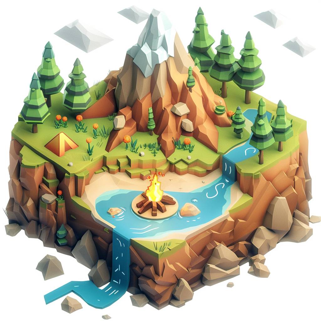 Isometric cube with Minecraft style, white background, 3D rendering, cute mountain scene with a campfire in the center, blue stream flowing from one side to another, small rocks on top of it, a pine tree at each corner, small tents around the edge, cartoon style, 2D game art, high resolution, high detail, vibrant colors, colorful, cute