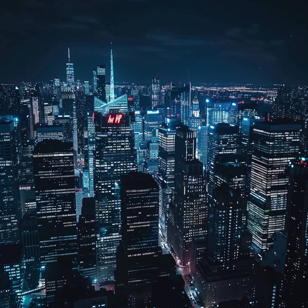 夜の都市風景のドローン映像