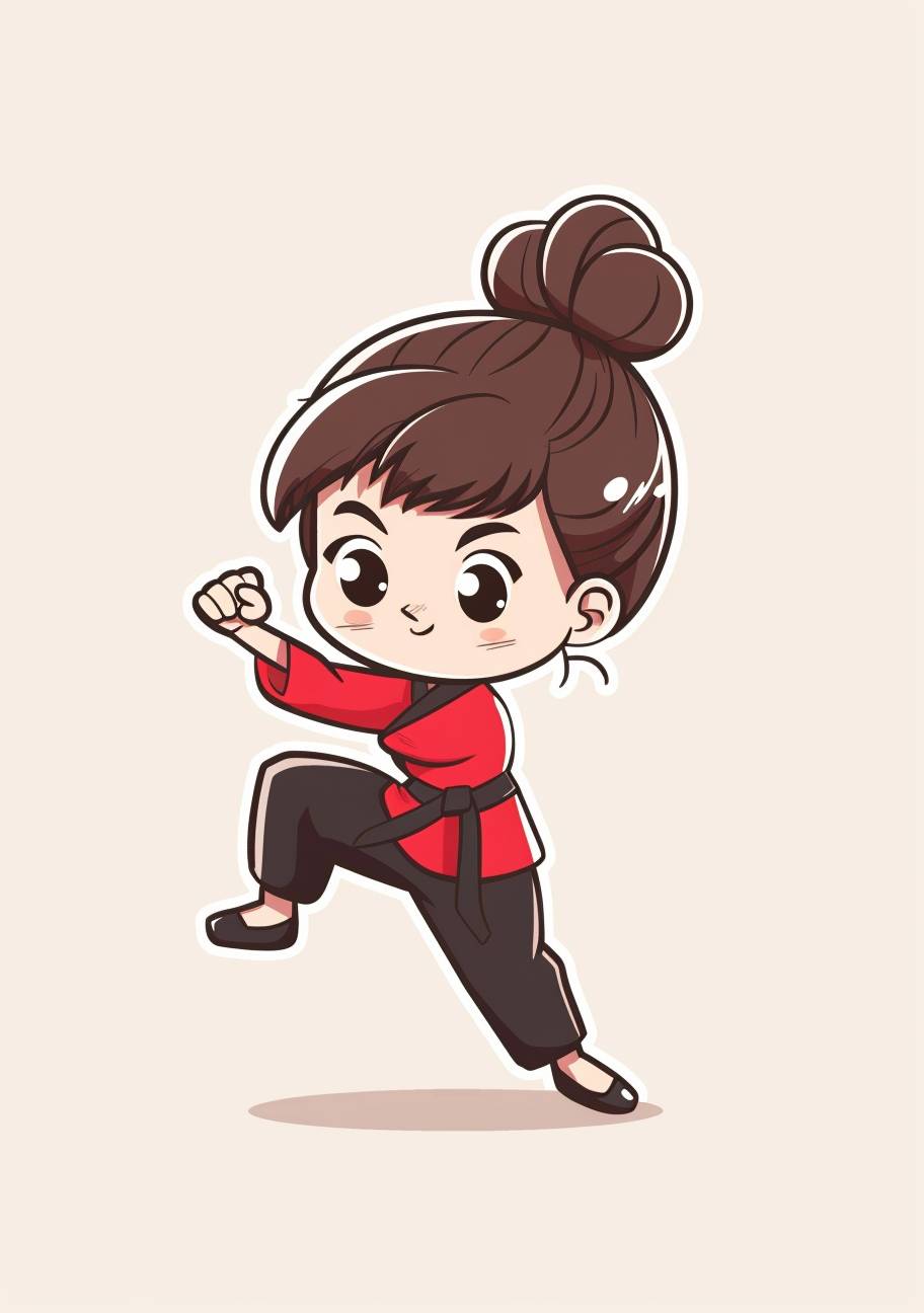 A cute little girl doing karate in a simple chibi style drawing with a simple flat color background. A full-bodied, side-view cartoon character design with detailed facial features drawn in high resolution. The cute and dreamy Asian female character uses solid lines. Her cute cartoon avatar has an updo bun in the middle of her head, wearing a red shirt and black pants in a jumping kick pose. It is a high-quality, high-detail drawing with solid colors, simple line art, and solid coloring. The background is white paper with high definition.