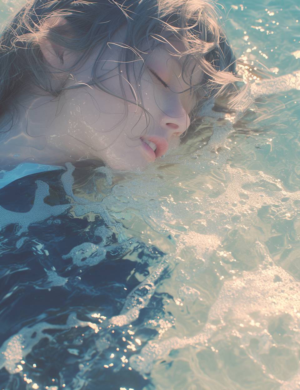 Waterline Gaze, Wide Angle, Shot on Hasselblad X1D, The image captures a woman as she floats, her eyes closed, with half her face submerged. The tilt-shift lens blurs the boundaries of water and air, focusing on where the water gently laps at her skin and where her hair floats away, mingling with the ripples of the sea. foreshortened view.