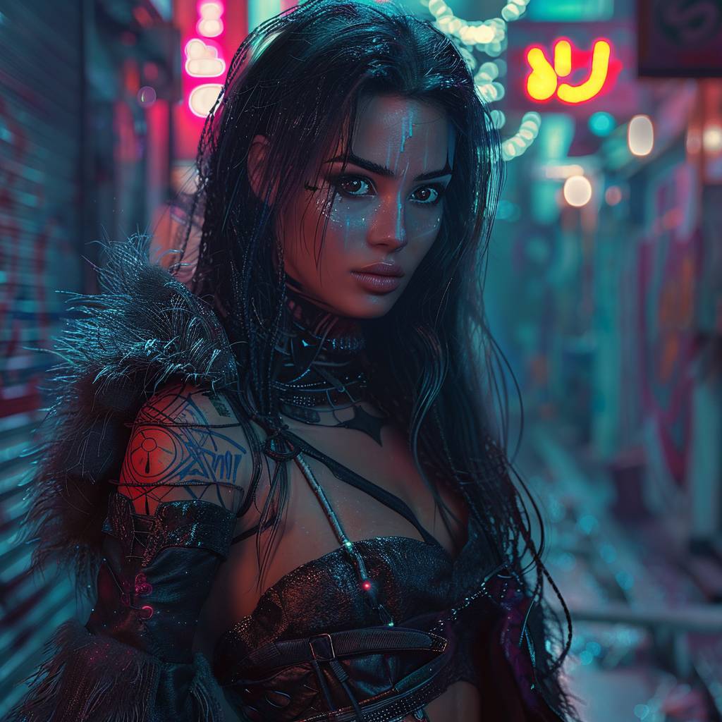 Urban Beast: Design a unique and edgy scene of a woman who is a powerful urban beast. Her body is covered in sleek, dark fur with glowing tribal tattoos that pulse with energy. Her eyes are bright and intense, and her hair is wild yet beautiful. She wears futuristic streetwear that highlights her muscular form. The background features a gritty, cyberpunk alley with graffiti and neon signs, blending the raw power of the beast with the beauty of the woman. Style=Edgy, Cyberpunk