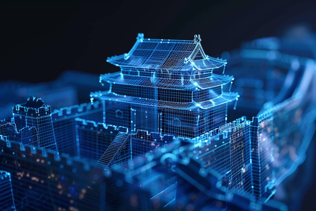 長城のワイヤーフレームホログラム（空中写真）は、その象徴的な構造物を取り囲む輝く青い線が複雑な模様を形成し、孤立した暗い背景に映えています。このデザインには詳細な建築的特徴があり、古代中国建築の見事な表現を作り出しています。このデジタルアートは、歴史的重要性と未来技術を伝える創造的なプロジェクトに最適であり、8Kのスタイルで表現されています。