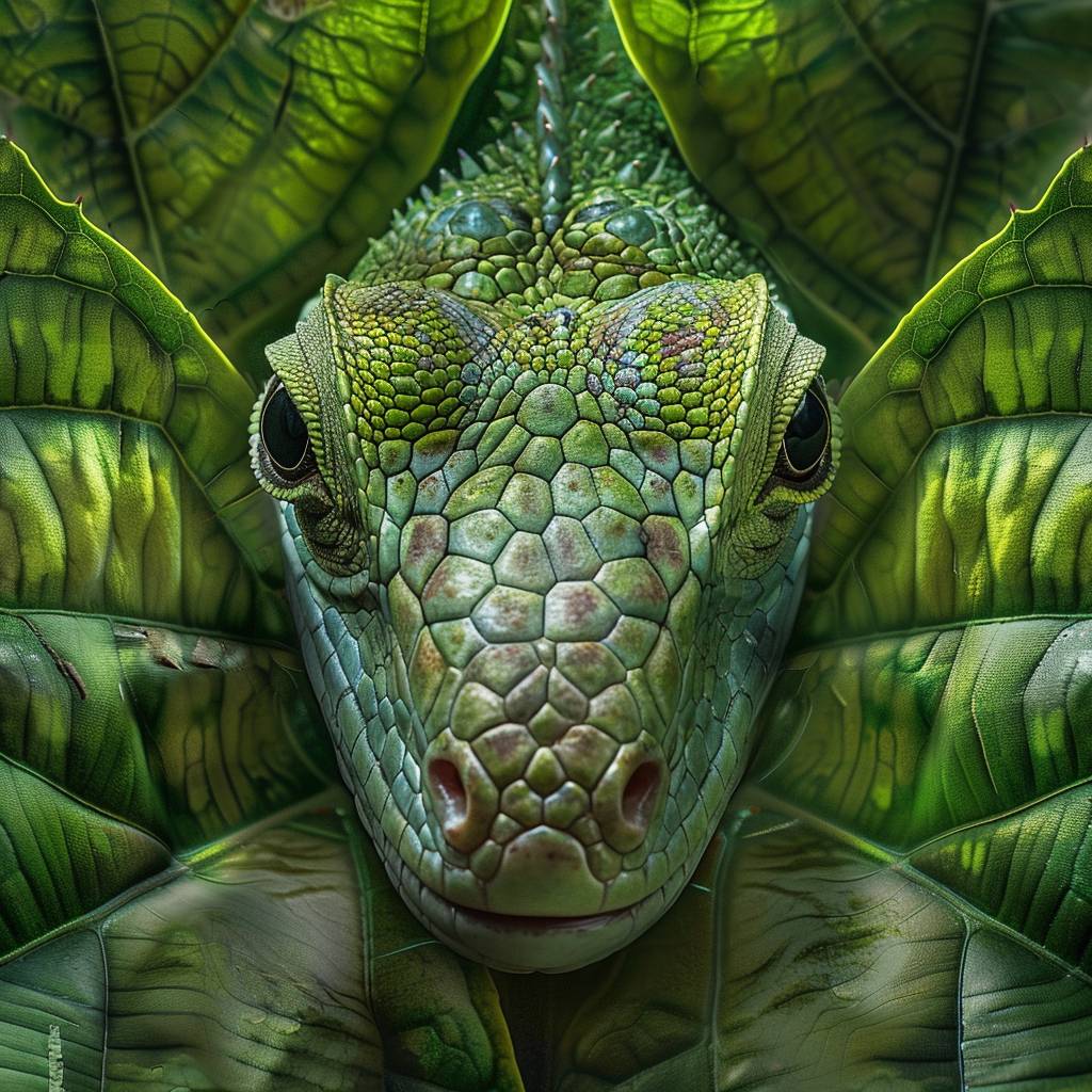 High nation-geographic symmetrical close-up portrait shoot in green jungle of an expressive lizard, anamorphic lens, ultra-realistic, hyper-detailed, green-core, jungle-core –ar 16:9 –q 2 --v 6.0