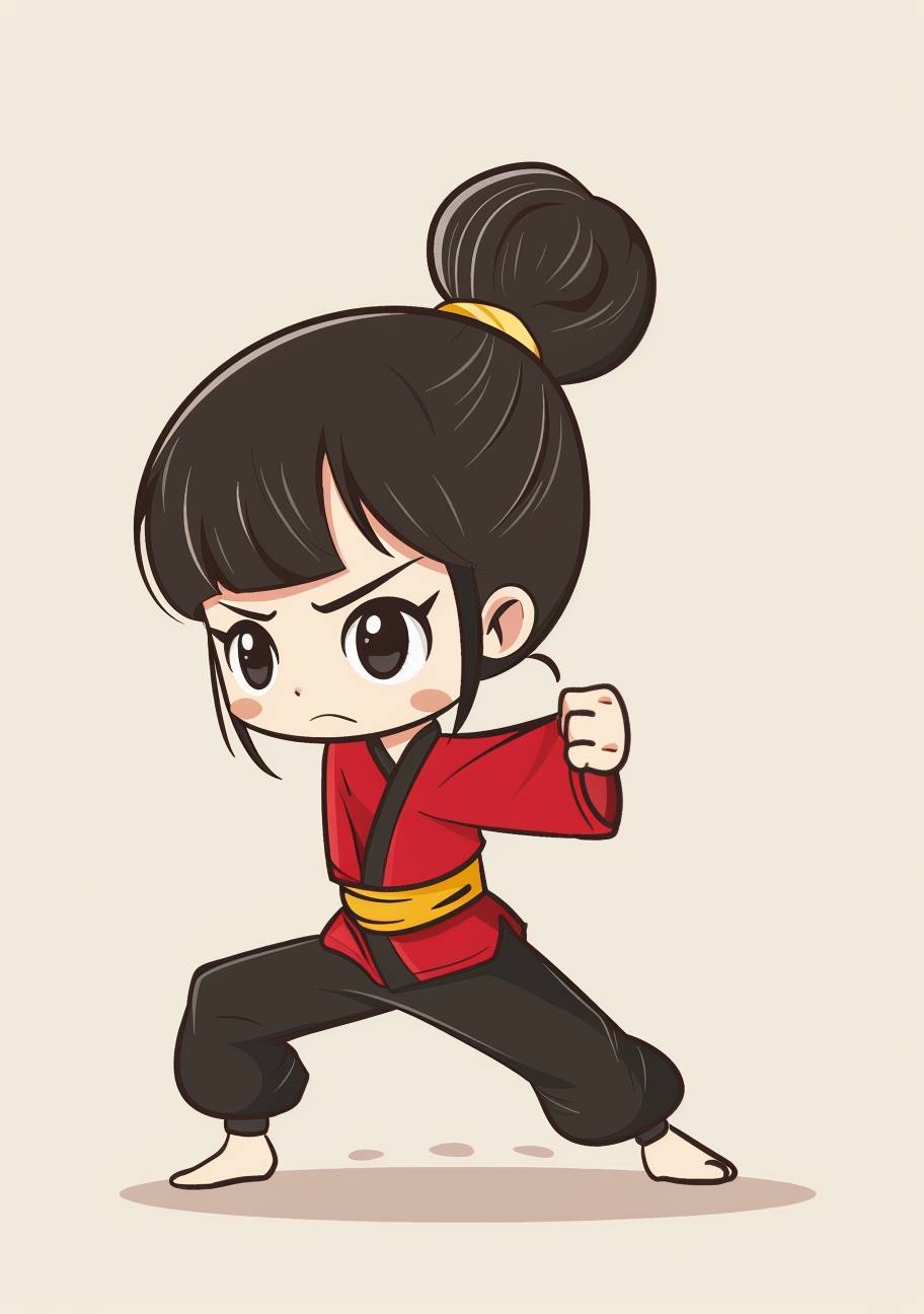 A cute little girl doing karate in a simple chibi style drawing with a simple flat color background. A full-bodied, side-view cartoon character design with detailed facial features drawn in high resolution. The cute and dreamy Asian female character uses solid lines. Her cute cartoon avatar has an updo bun in the middle of her head, wearing a red shirt and black pants in a jumping kick pose. It is a high-quality, high-detail drawing with solid colors, simple line art, and solid coloring. The background is white paper with high definition.