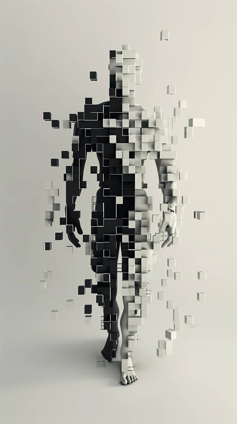 Create an image of a humanoid figure composed entirely of cubes in various sizes. The figure should appear as if constructed from these geometric shapes, with distinct cubes forming the head, torso, arms, and legs. The cubes vary in size to represent different body parts proportionately, creating a visually interesting and abstract representation of a human body. The composition should be clear, with a focus on how the blocks assemble to mimic human anatomy. The background should be neutral to emphasize the figure.