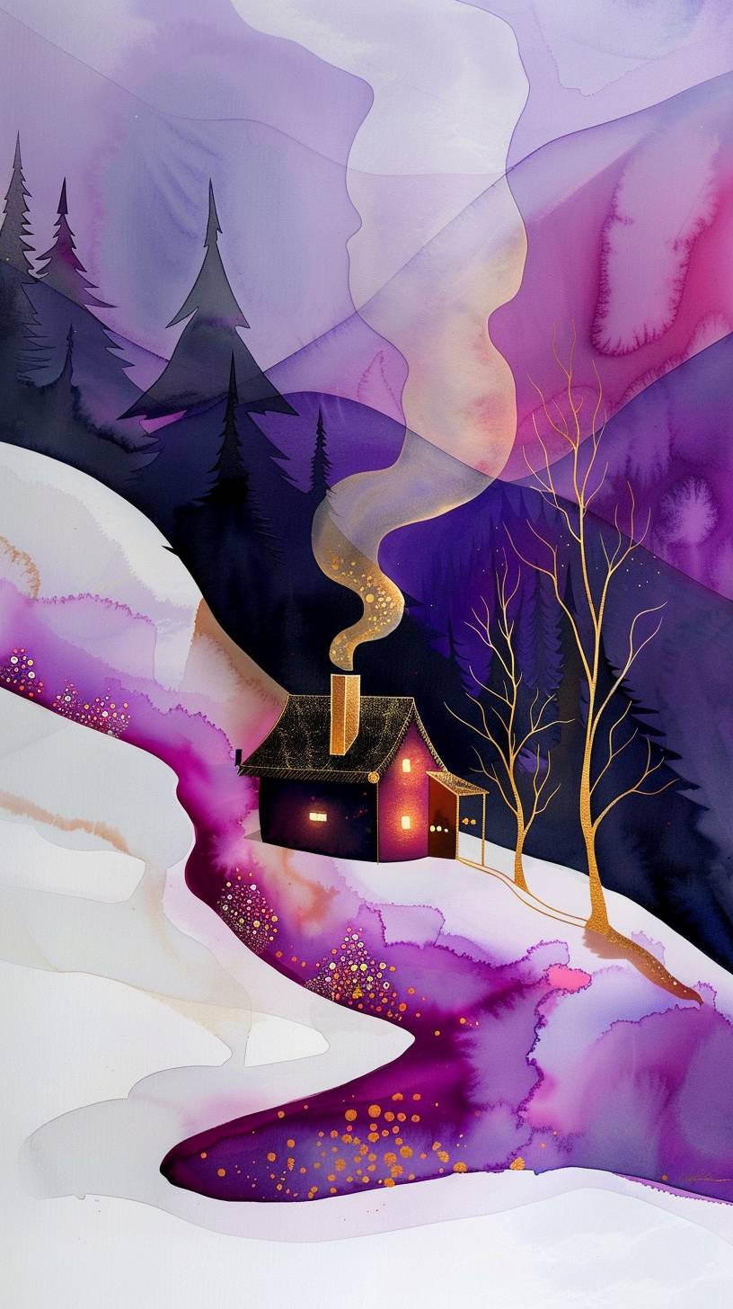 A cozy cabin nestled in the snowy mountains. Smoke is coming out of the chimney, indicating a warm fire inside. In the style of a hand-drawn illustration.