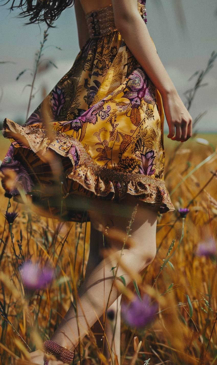 Feet out of frame, upper teeth only, looking to the side, pivoting, clenched hand, layered dress, midi, a-line skirts, mellow yellow, plum purple, paisley, batik, mary janes, puppy, gem, field, plant, swing, american lotus, sparkle, shadow