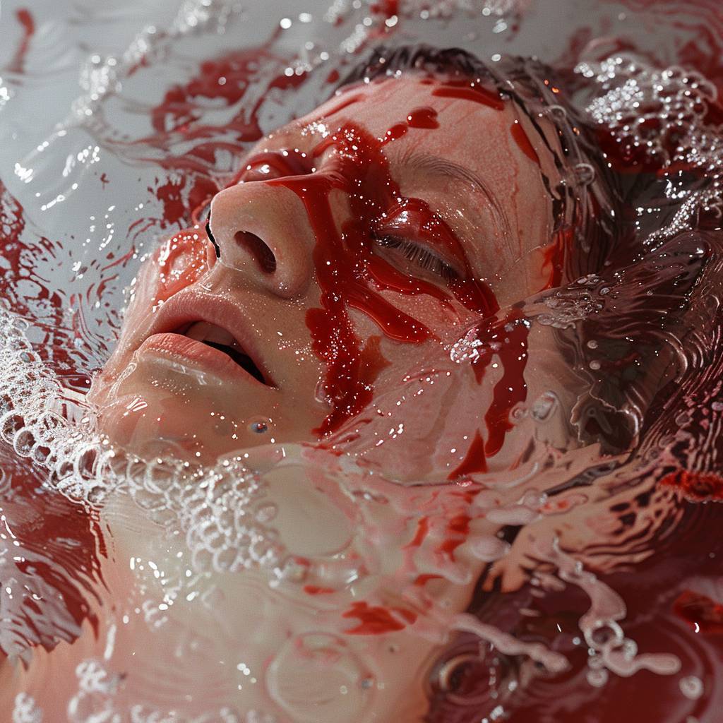 Shot from the top, a party costume woman in water with her face covered by melted red ice, in the style of Jennifer Rubell, experimental filmmaking, Louise Bourgeois, aerial abstractions, Dusan Djukaric, blink-and-you-miss-it detail, realistic –ar 16:9 --v 6.0