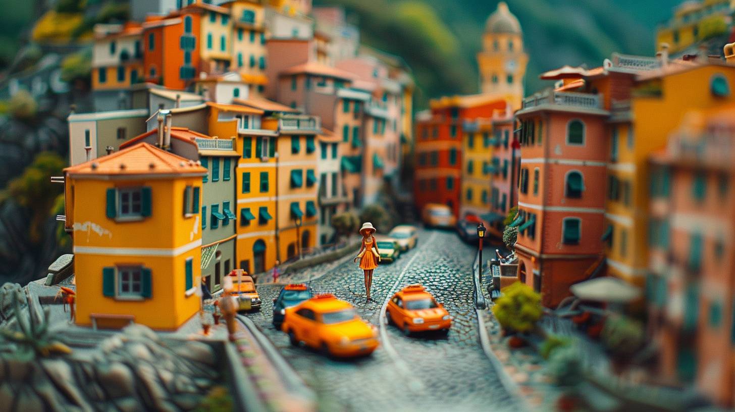 tilt-shift photography, stop motion animation still frame, claymation, an Italian model in futuristic fashion, piazza, strong visual flow