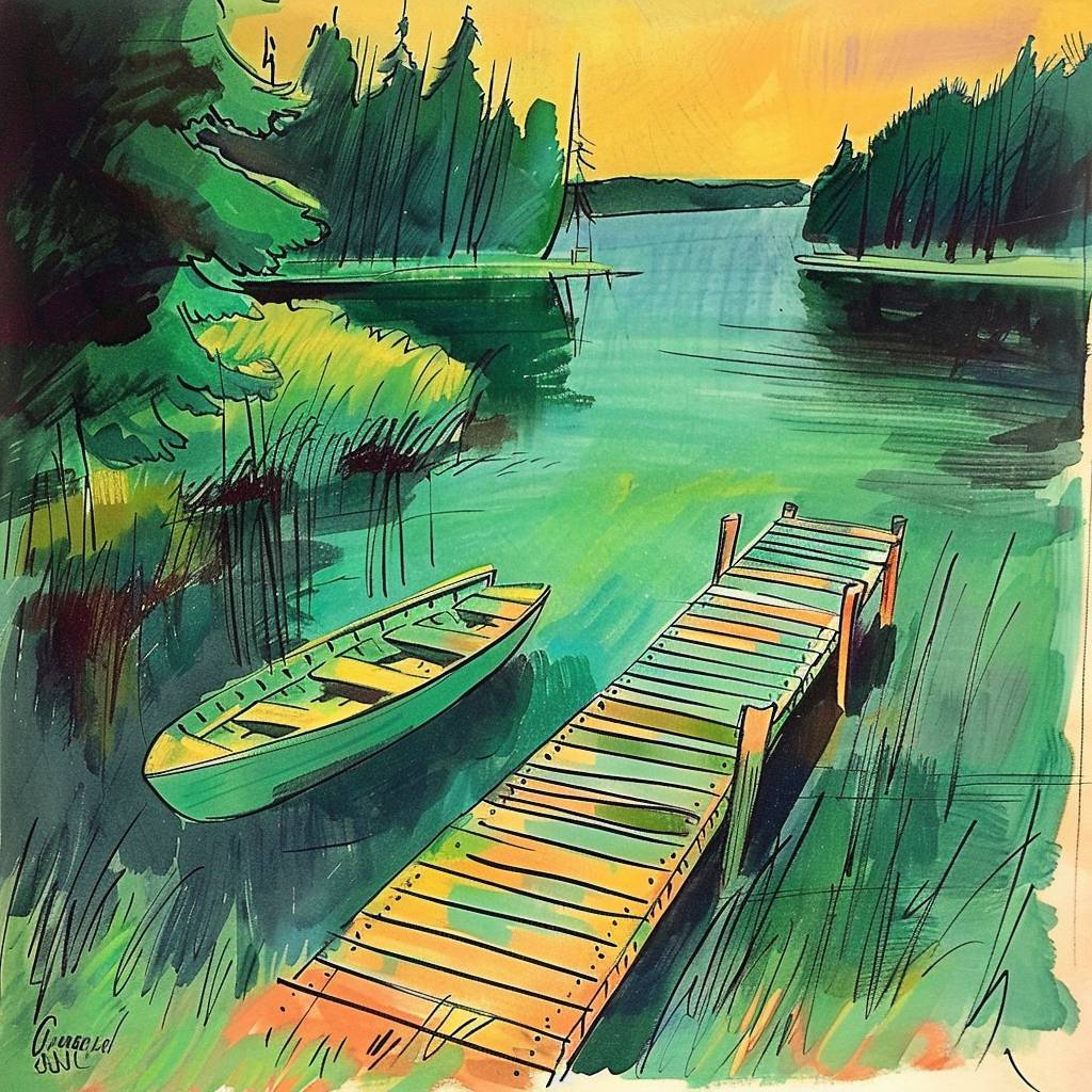 A tranquil lakeside retreat with a wooden dock stretching out into the calm water, where a rowboat bobs gently and the sound of loons calling echoes across the stillness.