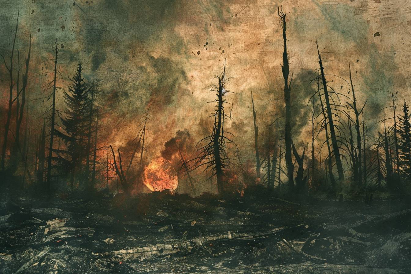 In the aftermath of a cataclysmic event, a desolate landscape emerges, with charred trees standing as grim sentinels. The scene is rendered in a striking graphic novel art style, with a deep, emotive color scheme and dramatic studio lighting that heightens the sense of despair and loss.