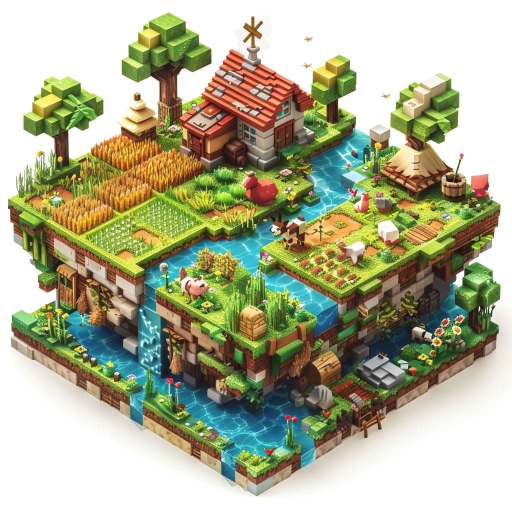 Isometric cube with Minecraft style, white background, 3D rendering, cute farm with a barn in the center, blue water flowing from one side to another, small wheat fields on top of it, a scarecrow at each corner, small animals around the edge, cartoon style, 2d game art, high resolution, high detail, vibrant colors, colorful, cute