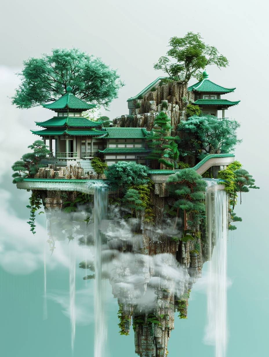 3D cyan mint green, floating island with ancient architecture and gardens in the style of Chinese style, fantasy world, fantasy forest, floating in the air in a fantasy style, blender rendering, c4d rendering, clean background, white clouds and water flow, rendered in the style of octane render, high resolution, hyper quality, high detail.