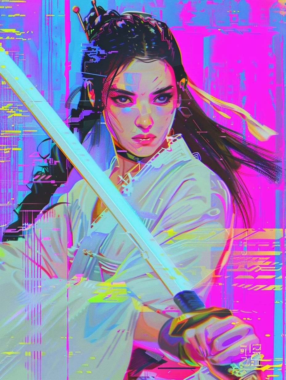 In the style of a 1980s arcade game, Wuxia bandit princess, white silk, lurid 8-bit colors, pixelated astropunk