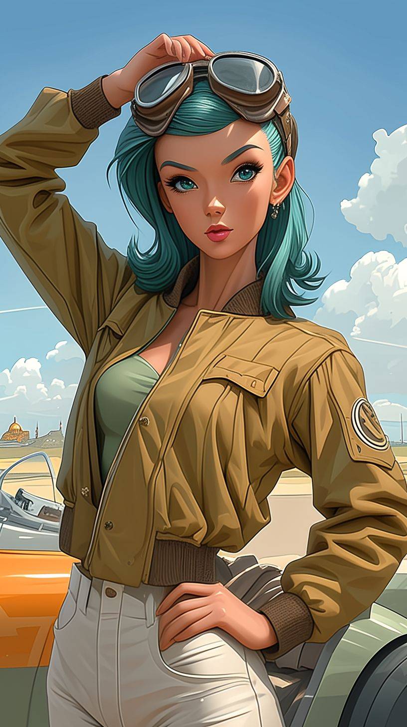 Dragon Ball Super character Bulma posing sensually, in the style of Hajime Sorayama, textured surface layers, gold and emerald, dynamic outdoor shots, realist detail, expansive skies