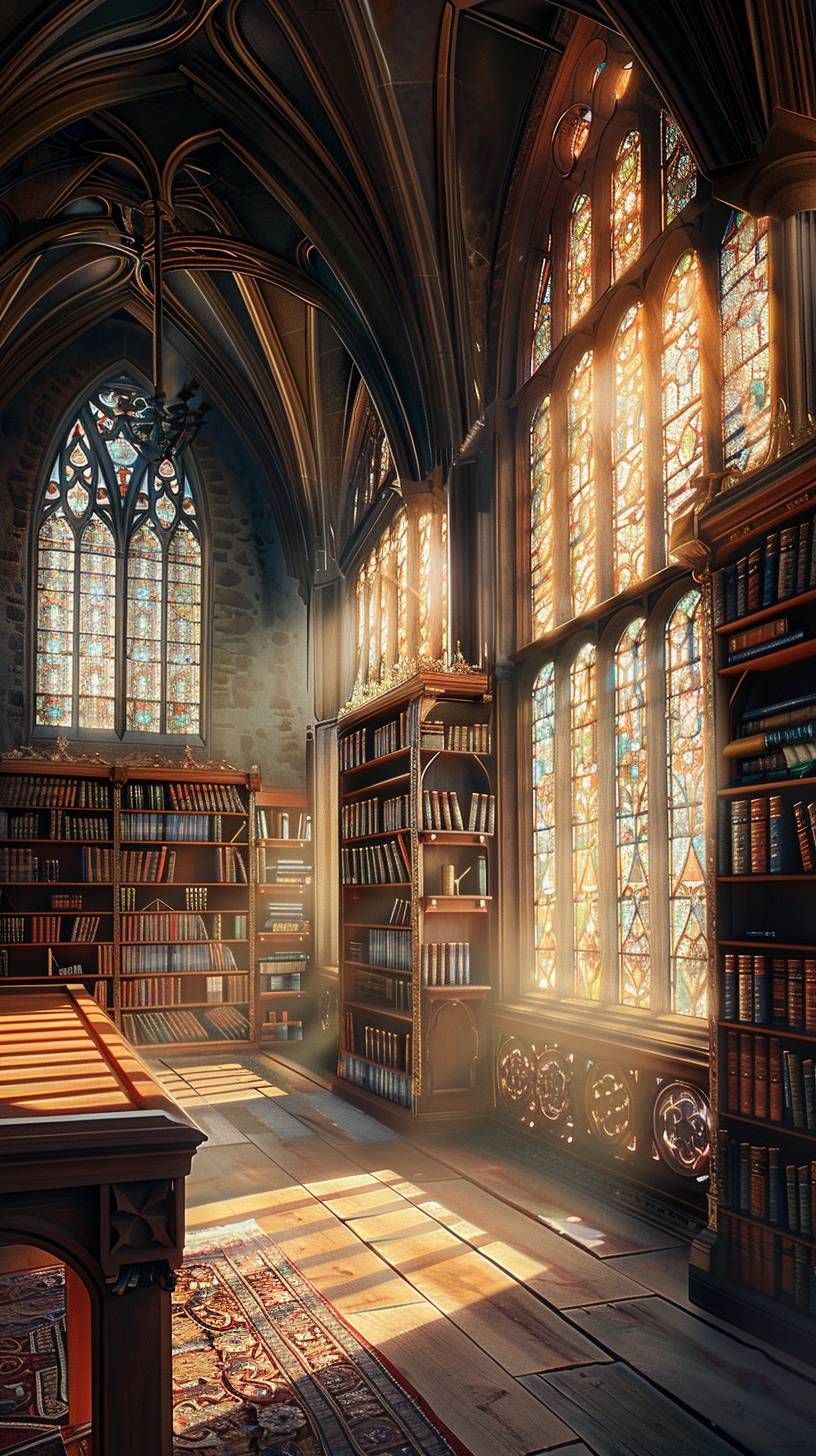 A historic library with tall bookshelves filled with ancient books. Sunlight streams through stained glass windows, illuminating the beauty of the space. In the style of an architectural photograph by James Gillray.