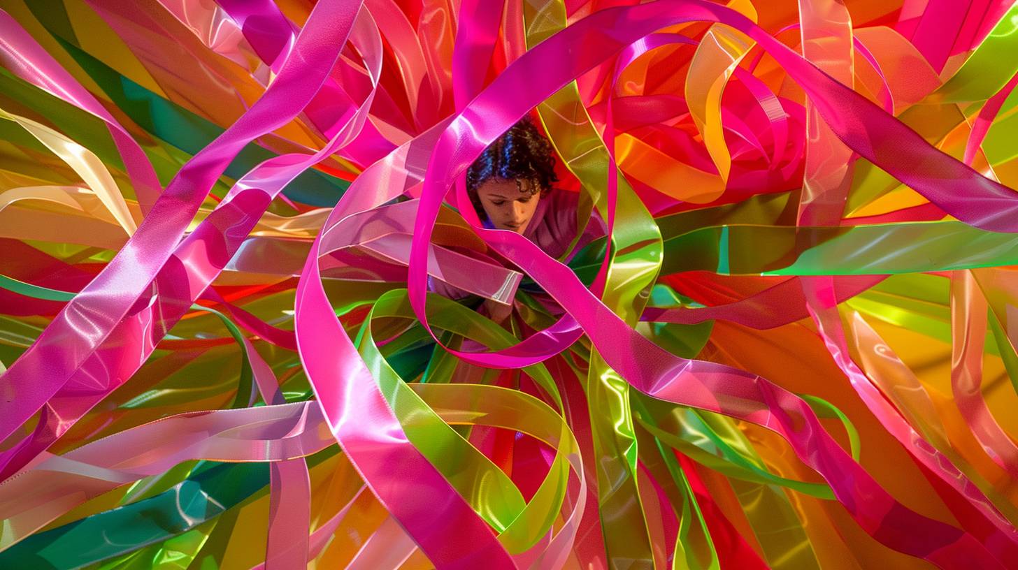 The artist in 'Vibrant Vortex', immersed in a swirling, lively, kaleidoscope of vibrant, colorful ribbons - a playful, whimsically chaotic dance of energetic movement, immersed in a sea of electrifying pink and neon green.