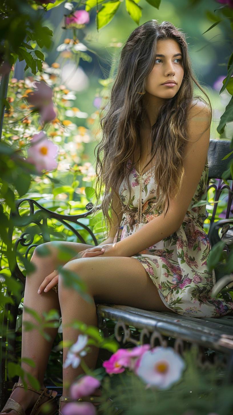 長い髪をなびかせた若い女性が、花柄のサマーワンピースとサンダルを着用し、公園のベンチに座って、咲き誇る花々に囲まれています。