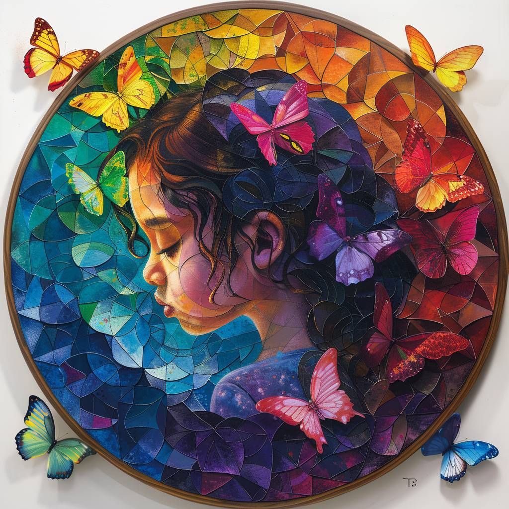 Circular crystal art piece, a young girl with colorful butterflies, exquisite colors and textures, inside a Fibonacci spiral, golden ratio, bright colors, tenebrism, negative space