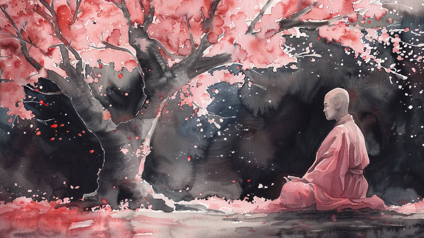 地球色の淡いクリムゾンとシルバーの僧侶が桜の木の下で瞑想している水彩画。湿っている間に混ぜ合わせ、黒い背景