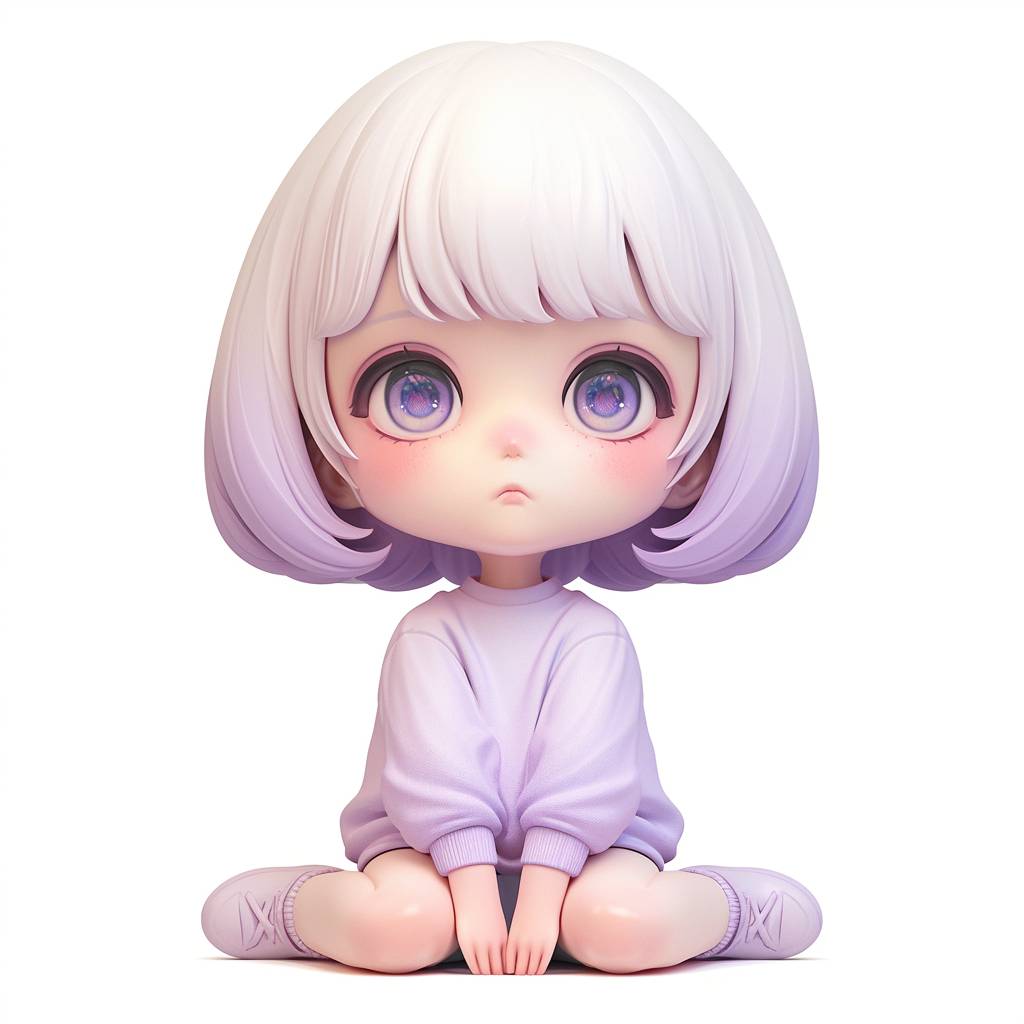 Full body, cute pose, A vinyl toy of an adorable trendy lively baby girl, The figure is painted in white and purple gradient, She has eyes that resemble cartoon characters, short hair, chibi, Her head was designed to have round proportions similar, with a detailed character design, cute pose, Isolated against a white background—niji 6