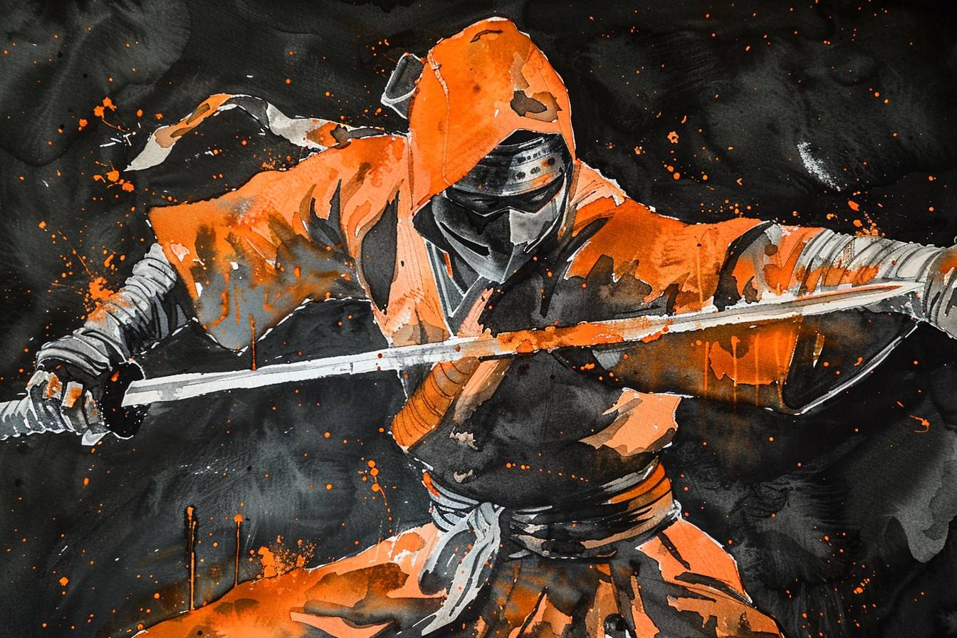 Earthy orange and silver ninja, watercolor, wet-on-wet blending, black background