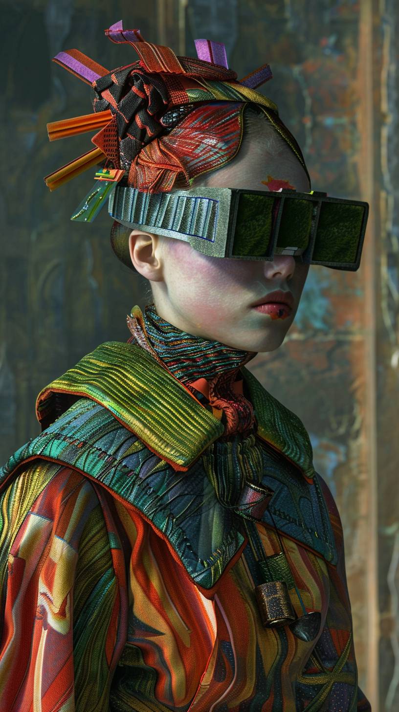 Futuristic outfit and vibrant accessories designed by Jan Van Eyck