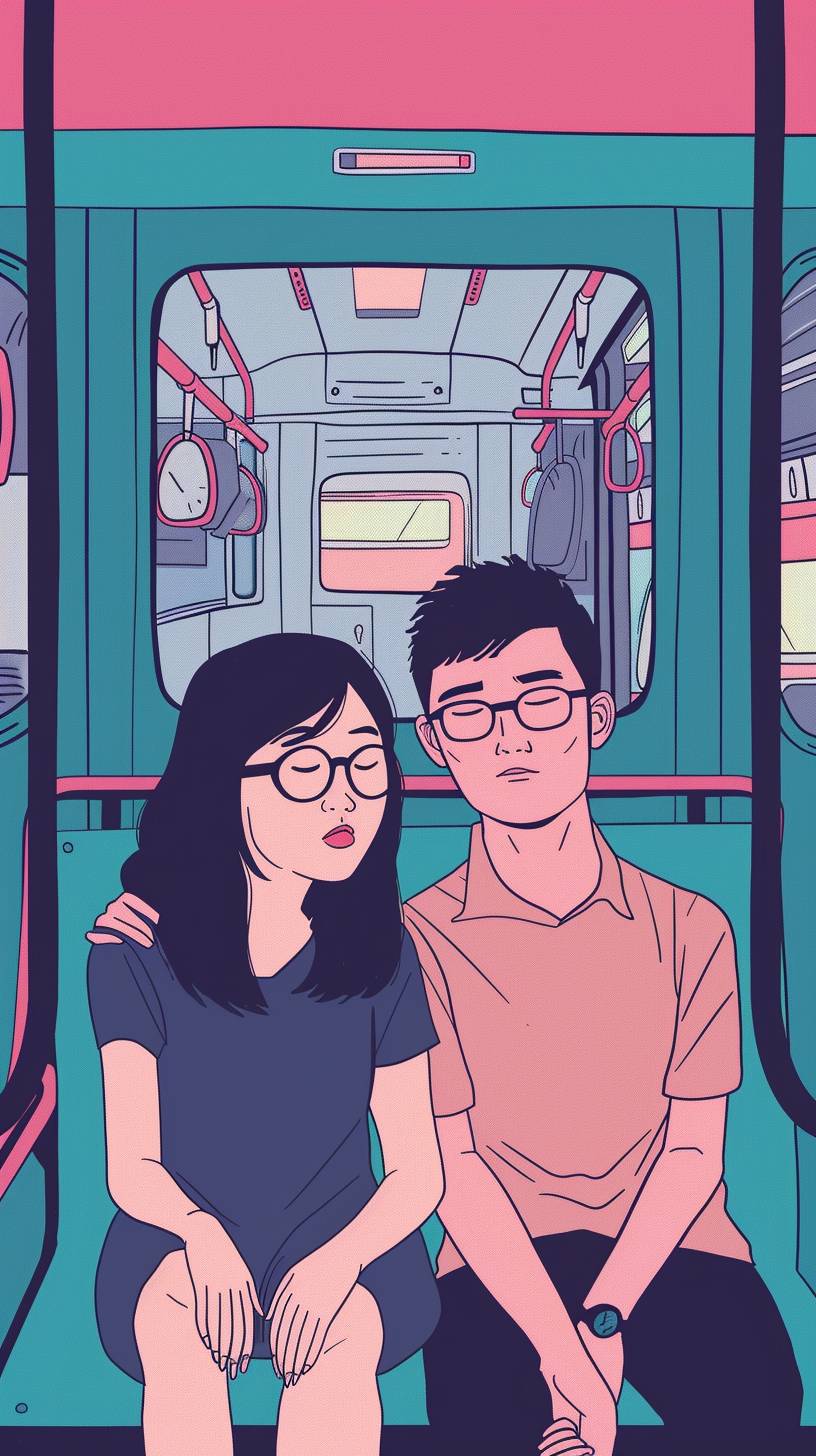 Two lovers, a woman and a man with glasses, romantic, minimalist flat color illustration of line art, a far shot of a chibi Filipino sitting in a train, featuring hard shadows.