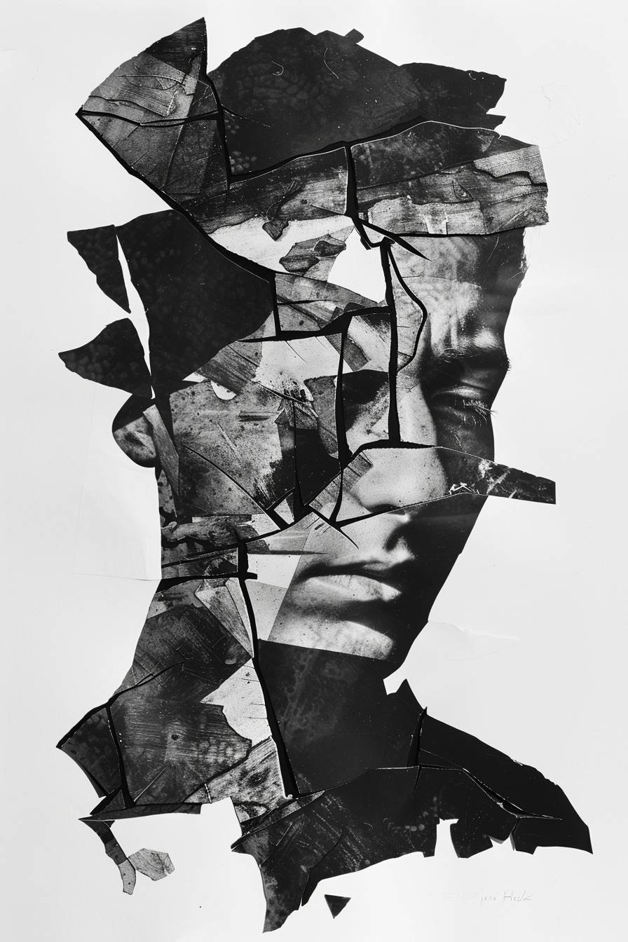 Black-and-white distorted portrait as abstract fragmented composition of fractured pieces by Jannis Kounellis -- stylize 75 -- ar 2:3 -- v 6.0
