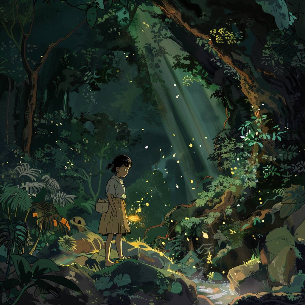 Whimsical protagonist on a magical quest, nostalgic Ghibli-inspired look, in a jungle, enchanted object in hand, in a scene from a forgotten Ghibli tale, moody retro atmosphere, 80s-90s anime style, hand-drawn 2D animation capturing the heart and soul of vintage Ghibli.