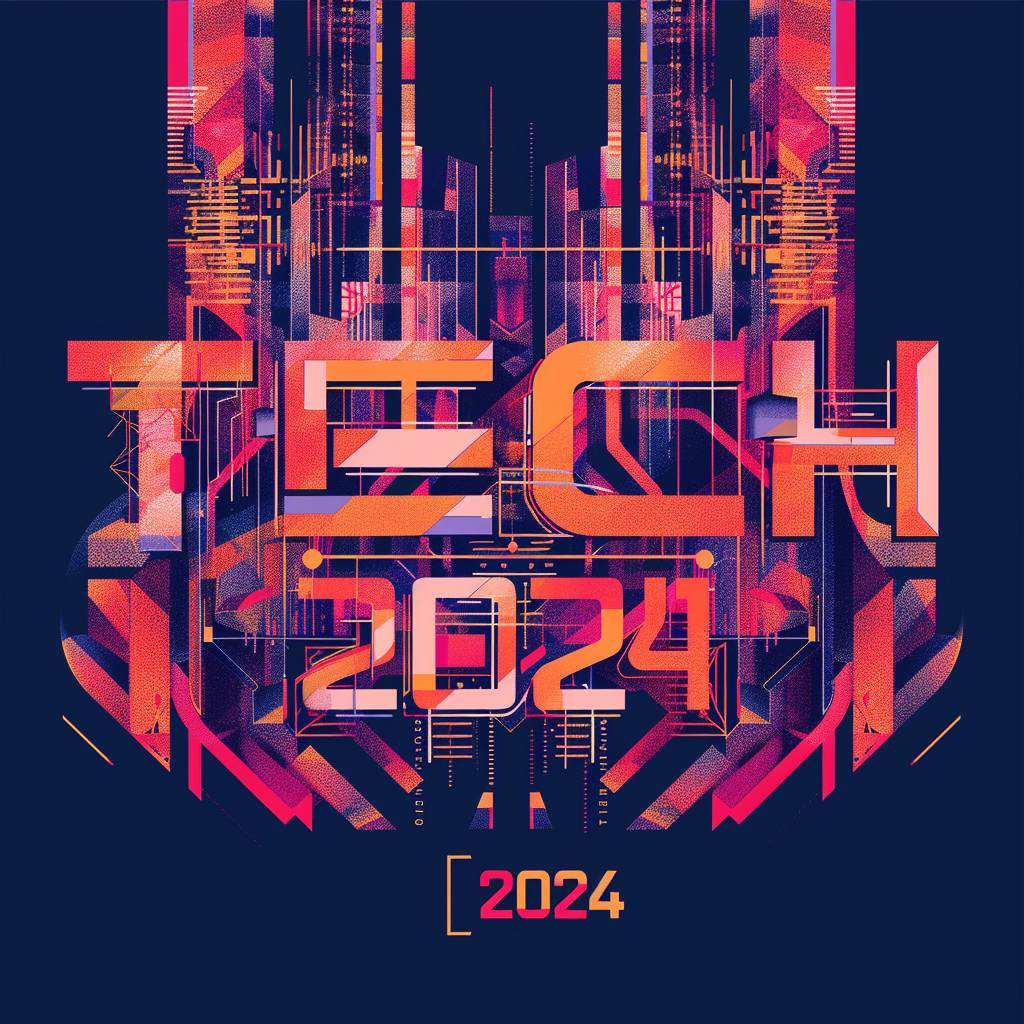 Techno music festival poster with symmetrical composition. Text "TECH 2024" in large letters