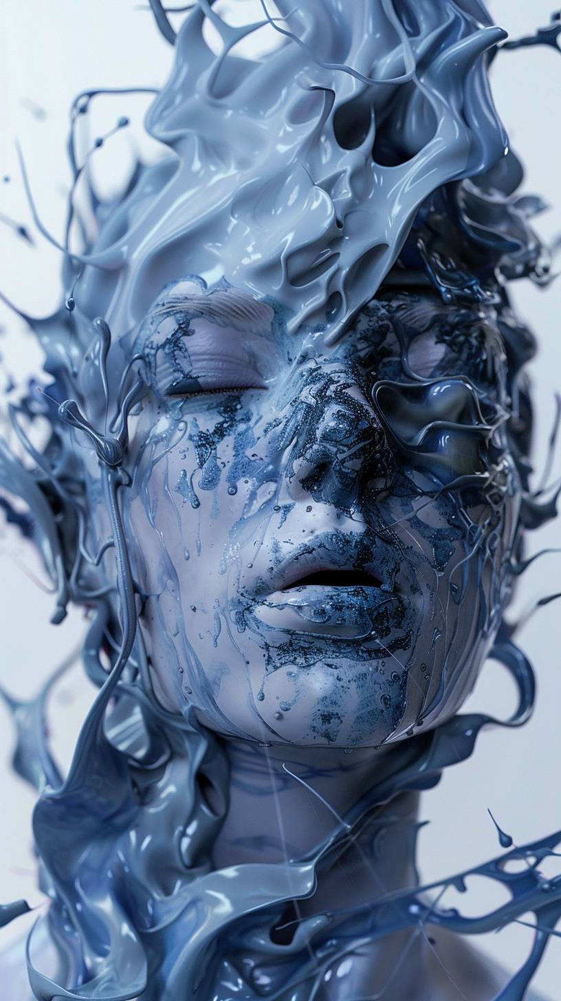 A woman embedded in swirling blue shadows, sculpted as a striking figurine through the lens of zbrush, her features appearing eerily animated. She exudes the energy of supernatural creatures, her expression a complex nest of emotions. Veering toward zombiecore aesthetics, her face is masked with stark white paint, chiseled features smeared in contrasting dark hues.