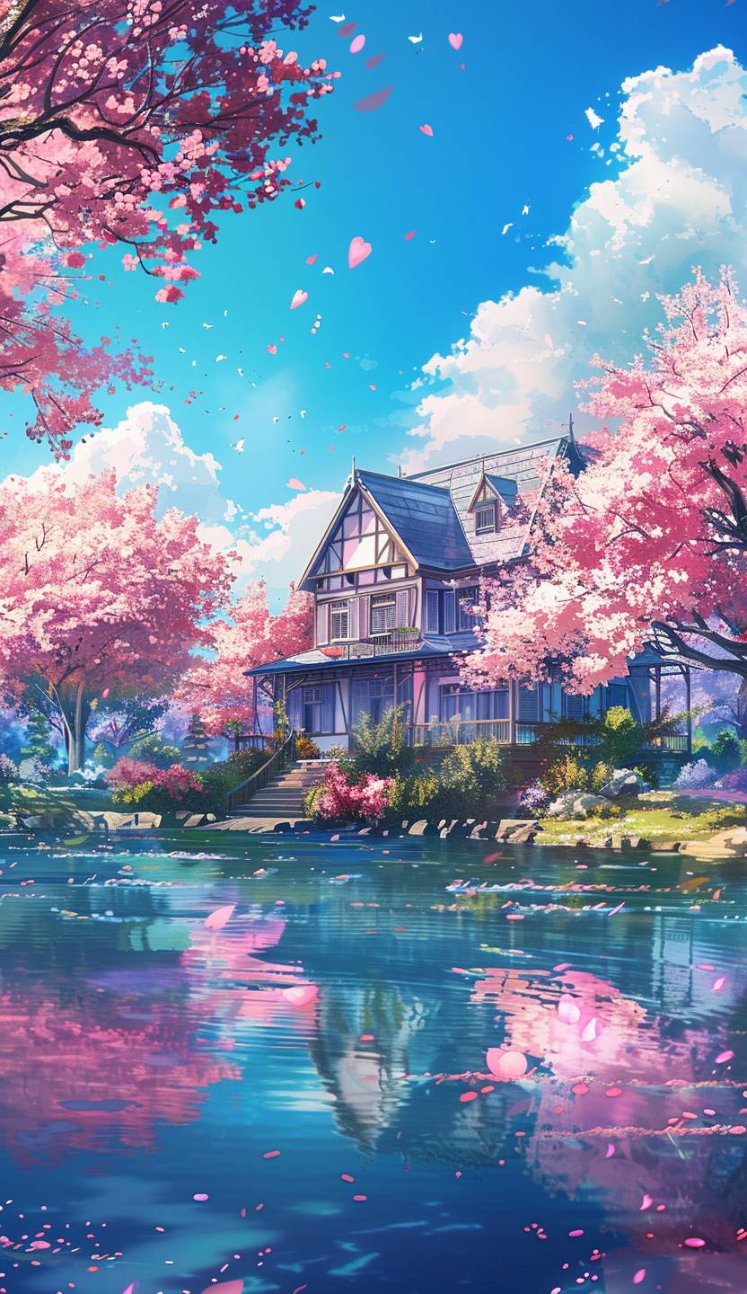 美しい家が美しい桜の木と透明な青い空の湖に囲まれ、白い雲が浮かんでいます。絵のスタイルはアニメのようにカラフルです。